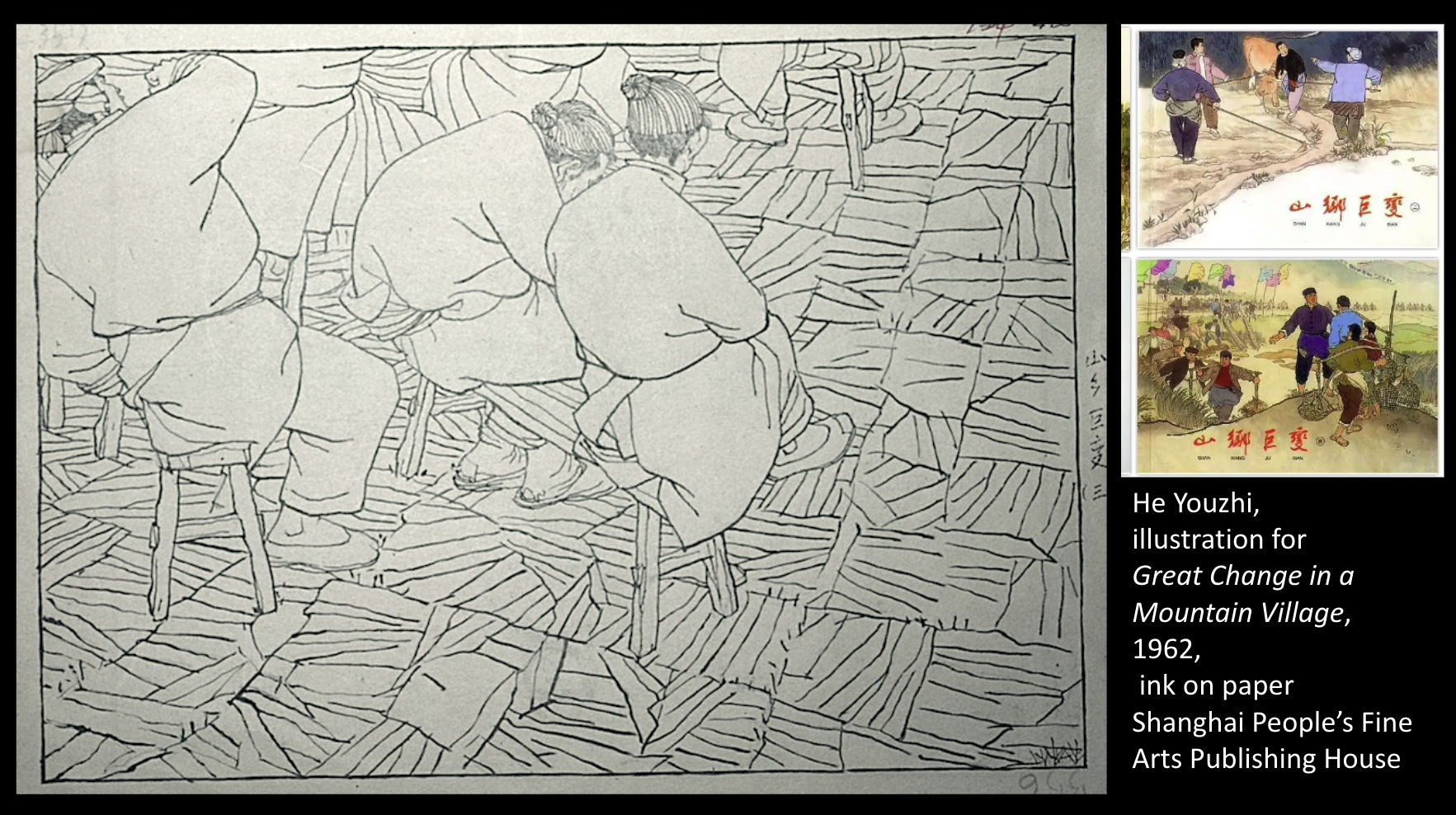 Chinese ink drawing by He Youzhi of villagers on stools at a meeting, Great Change in a Mountain Village, 1962