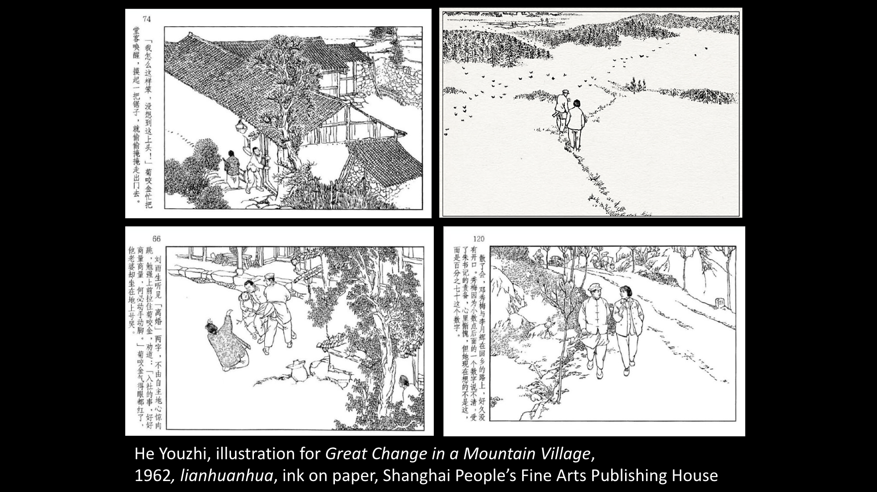 He Youzhi ink illustrations 1962: Great Change in a Mountain Village, rural China lianhuanhua panels