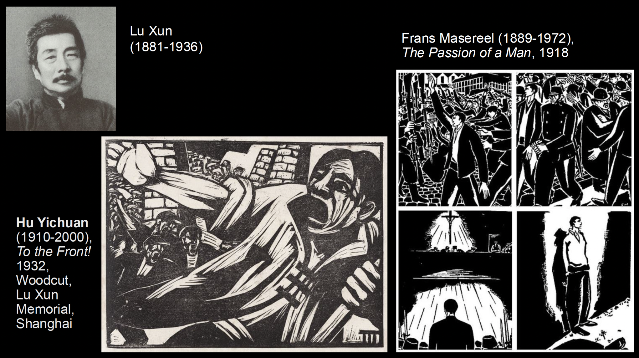 Collage of early 20th-century woodcuts: portrait and stark B&W scenes of protests and a man shouting, expressionist style.