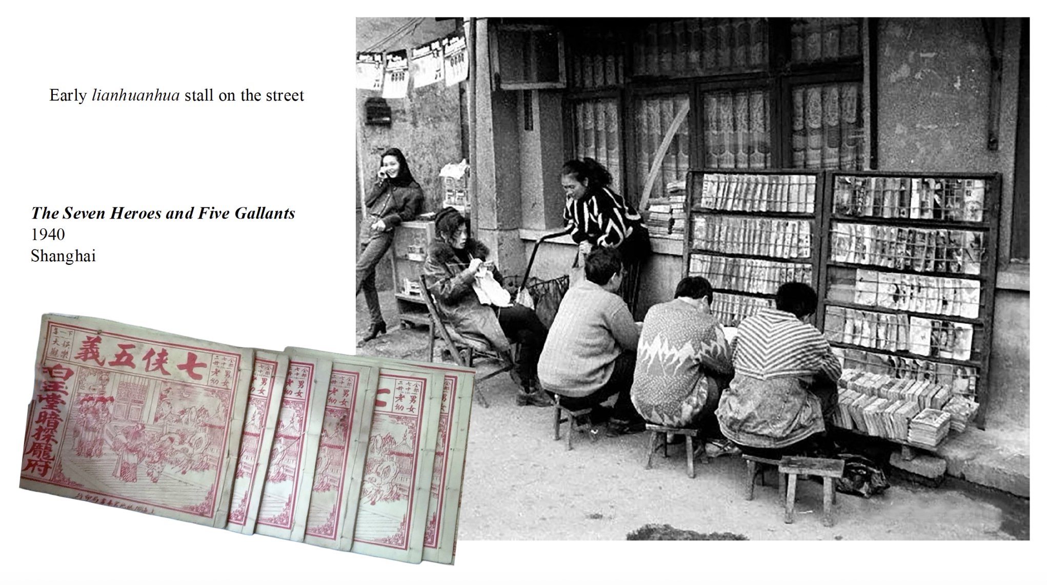 1940 Shanghai lianhuanhua street stall with readers and ‘The Seven Heroes and Five Gallants’ comic book covers.