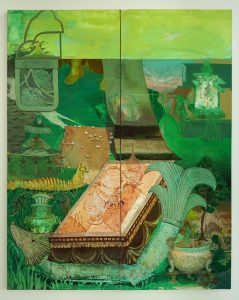 Contemporary surreal green diptych painting of a fantasy landscape with ornate vases, scrolls, and fish-like forms.