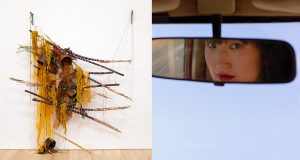 Mixed-media art installation of branches and baskets beside rearview mirror reflection of a woman’s face.