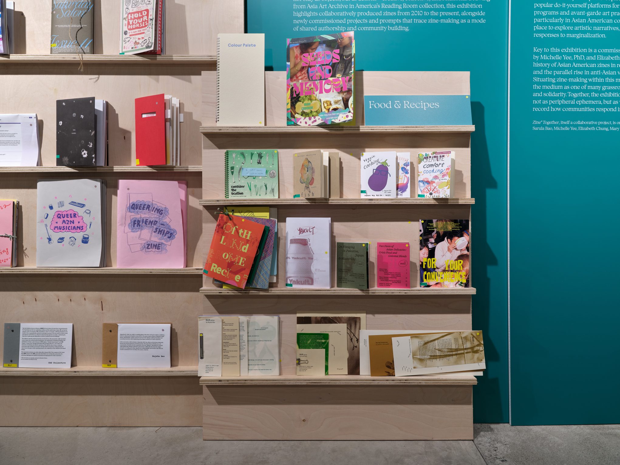Display of colorful indie zines and small-press books in a gallery bookstore, Food & Recipes section highlighted.