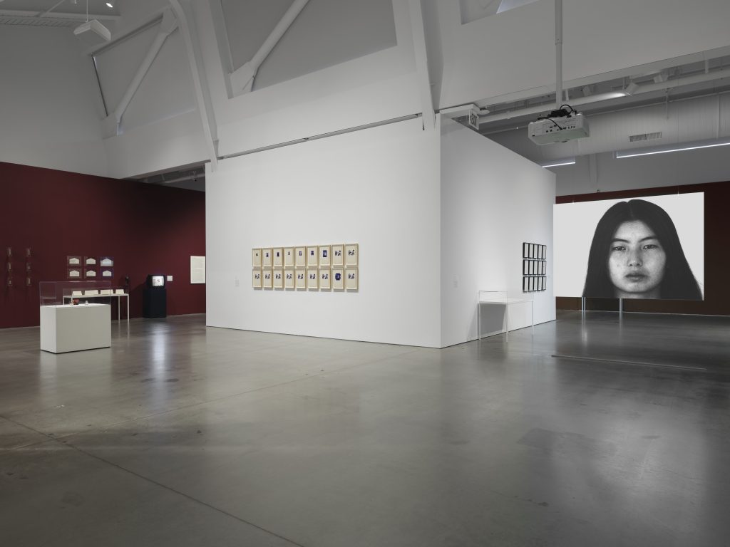 Contemporary art museum gallery with white walls, framed photo series, display cases, and a large black-and-white portrait.