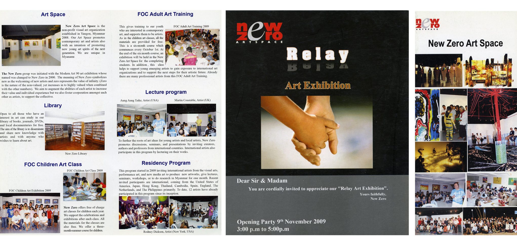 New Zero Art Space Relay Art Exhibition flyer, holding hands image, programs and gallery photos, Yangon, November 2009.