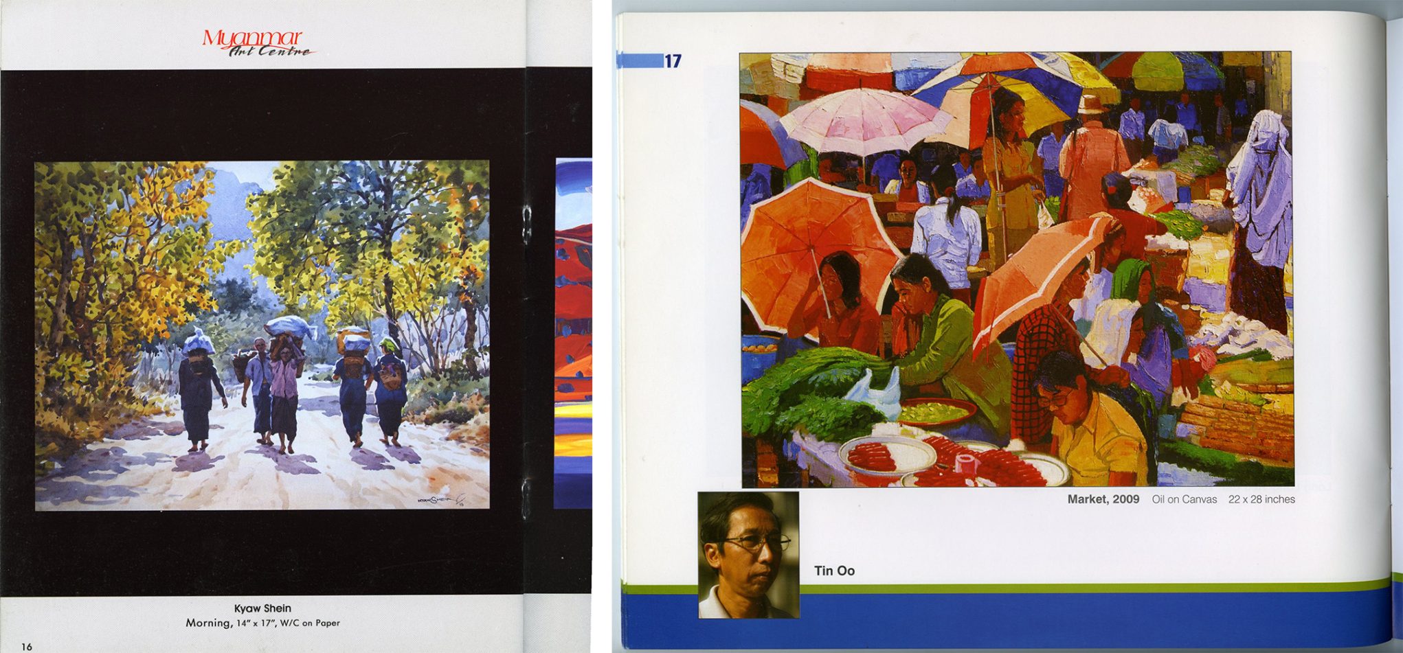 Myanmar art catalog spread: watercolor villagers on sunlit forest road; colorful market painting with umbrellas and produce.
