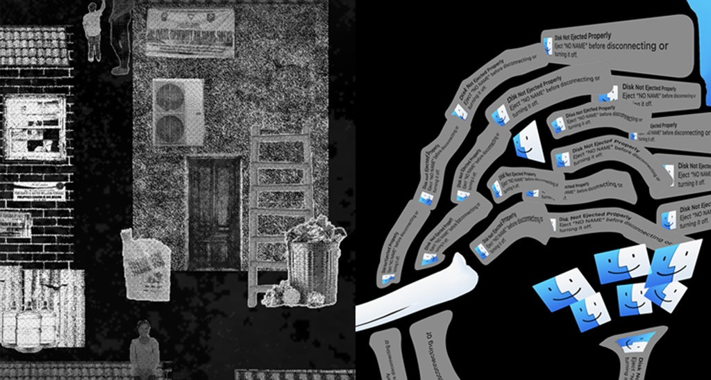 Digital collage mixing urban grayscale textures with Mac Finder icons and Disk Not Ejected Properly pop-ups.