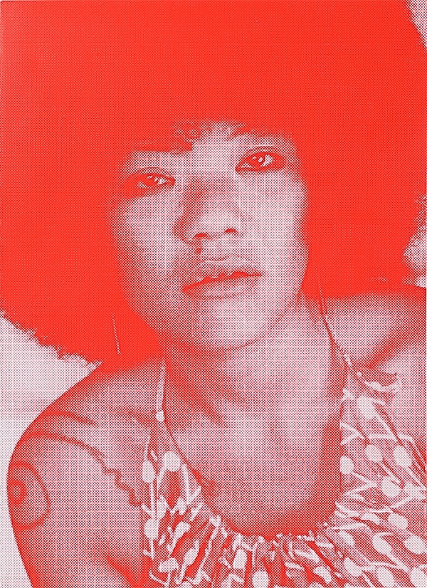 Red halftone portrait of a person with afro hair, hoop earring, shoulder tattoo, and patterned top, gazing at camera