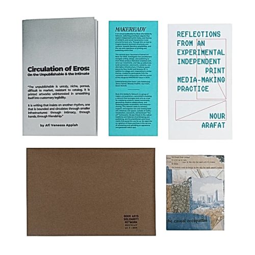 Book Arts Solidarity Network zine set: independent print pamphlets, reader, and collage card on white background.