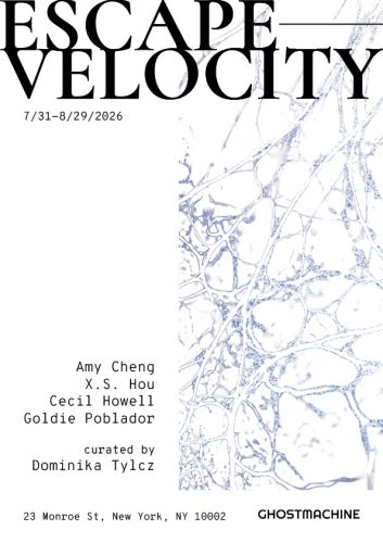 Escape Velocity group art show poster, Jul 31–Aug 29, 2026 at Ghostmachine, 23 Monroe St, NYC; curated by Dominika Tylcz.