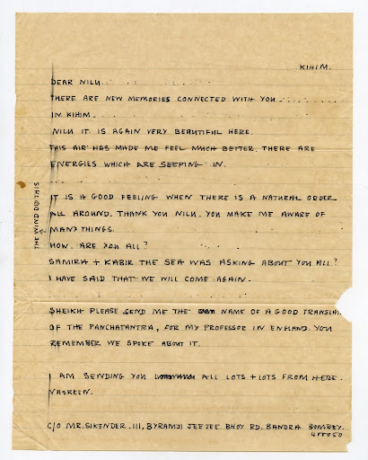Vintage handwritten letter from Kihim to Nilu mentioning sea, natural order, and Panchatantra request; Bombay address.