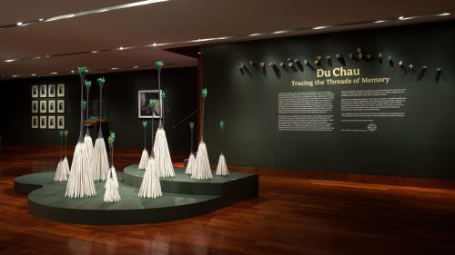 Du Chau exhibition Tracing the Threads of Memory, contemporary art installation with white cone sculptures in museum gallery.