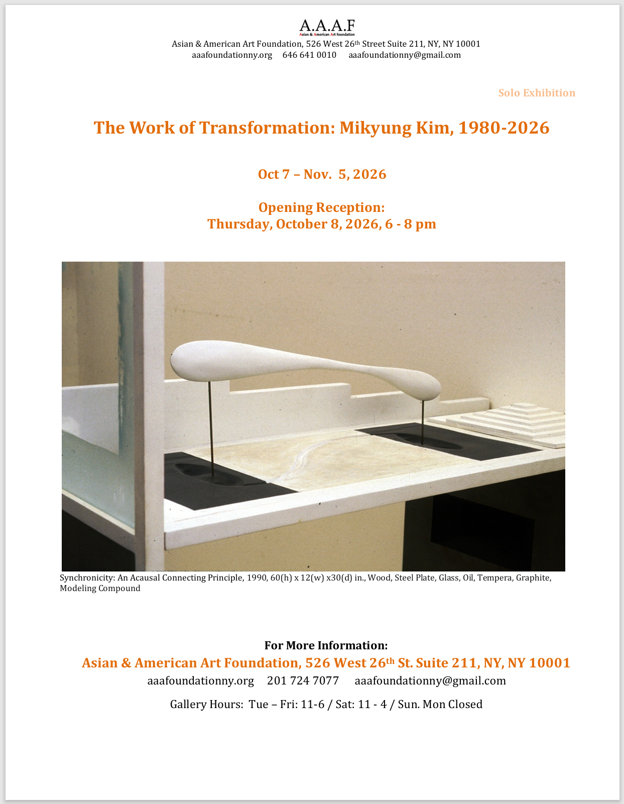 Mikyung Kim solo exhibition poster: The Work of Transformation, Oct 7–Nov 5, 2026, Asian & American Art Foundation NYC.