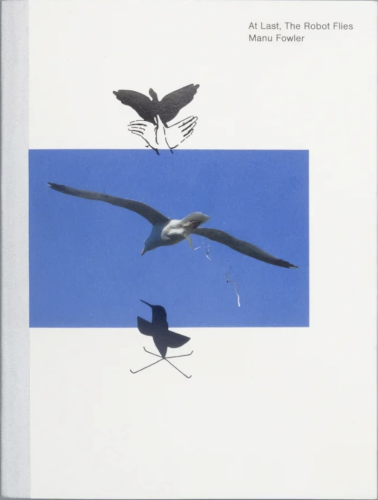 Book cover: At Last, The Robot Flies by Manu Fowler, flying seabird in blue sky with bird silhouettes above and below.