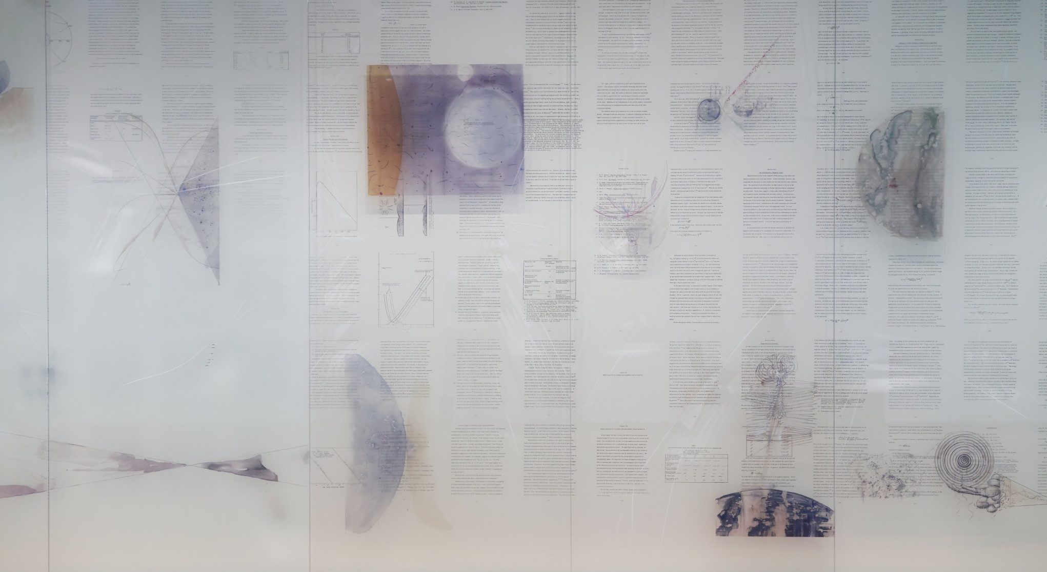 Abstract science wall mural with text columns, charts, and watercolor diagrams on frosted glass panels.